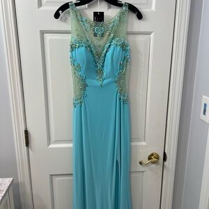 Turquoise Beaded Illusion Neck Prom Gown